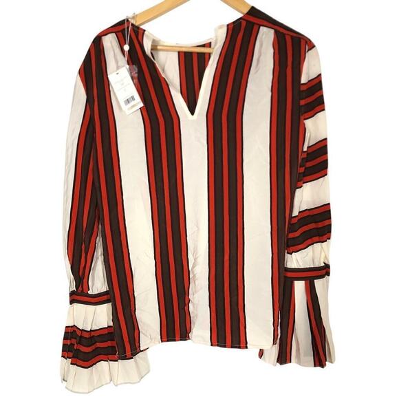 Tory Burch Maverick Top 100% Silk Flare Sleeve Striped Ivory Red NWT 0 - Picture 5 of 12